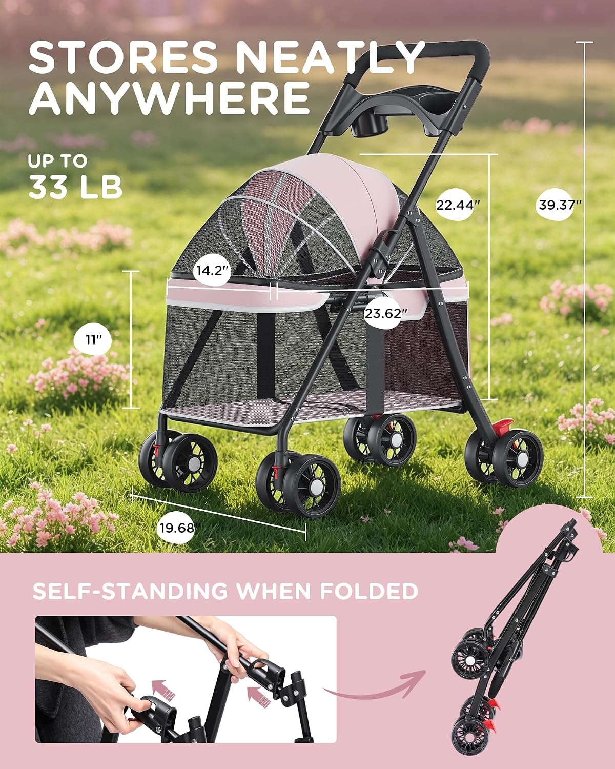 image:imageGTPLAYER Foldable Pet Stroller for Small Dogs and Cats Holds Up to 33 lb 4Wheel Stroller with 2 Safety Tethers Breathable Mesh Lockable Front Wheels Cup HolderTray amp Storage Pocket Light Greenpink