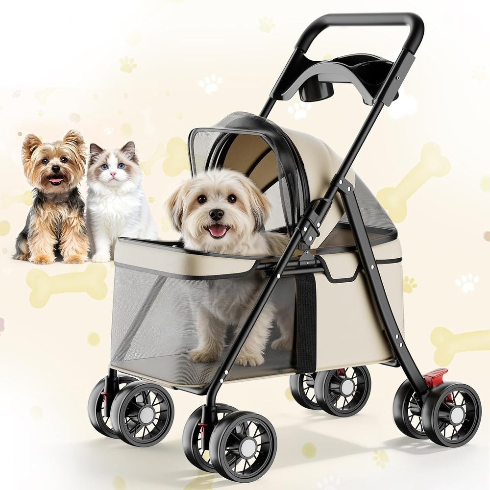 image:imageGTPLAYER Foldable Pet Stroller for Small Dogs and Cats Holds Up to 33 lb 4Wheel Stroller with 2 Safety Tethers Breathable Mesh Lockable Front Wheels Cup HolderTray amp Storage Pocket Light GreenBeige