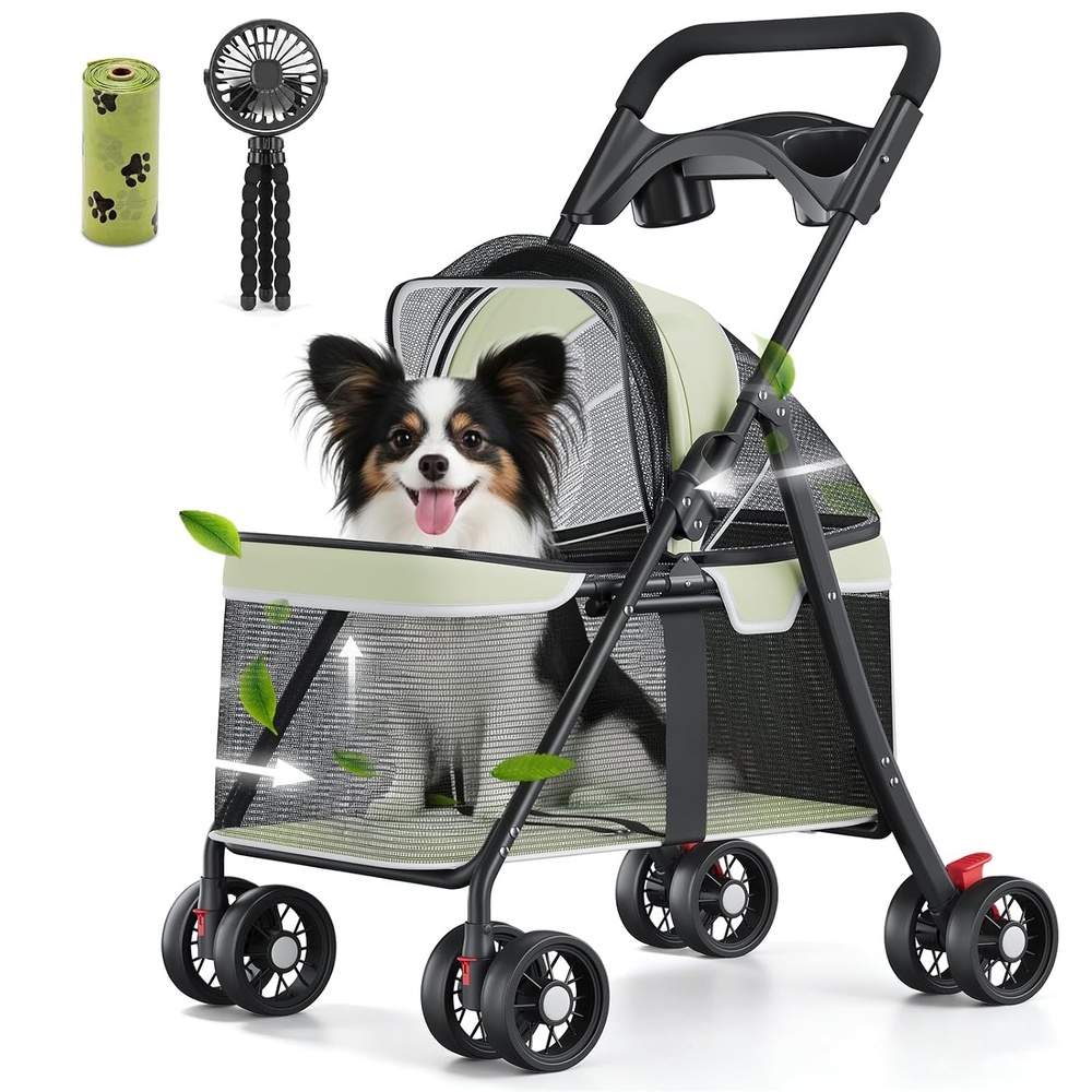 image:imageGTPLAYER Foldable Pet Stroller for Small Dogs and Cats Holds Up to 33 lb 4Wheel Stroller with 2 Safety Tethers Breathable Mesh Lockable Front Wheels Cup HolderTray amp Storage Pocket Light GreenLight Green with Fan