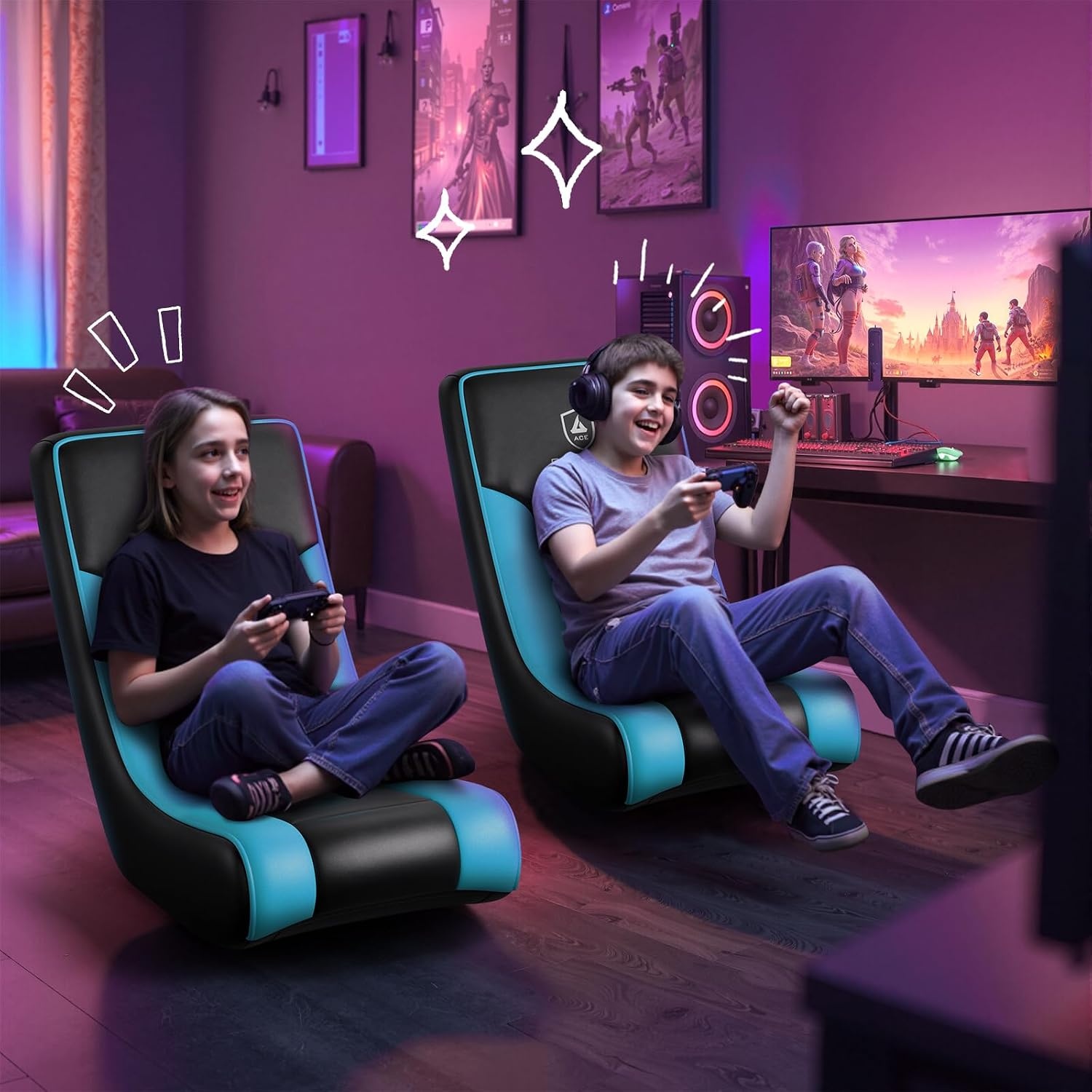 image:imageGTPLAYER Floor Rocking Gaming Chair Floor Rolling Game Chairs with Angle Limiter Gamer Rocker Floor Seat Compact amp Lightweight Black Galaxy Patterned01 Aqua
