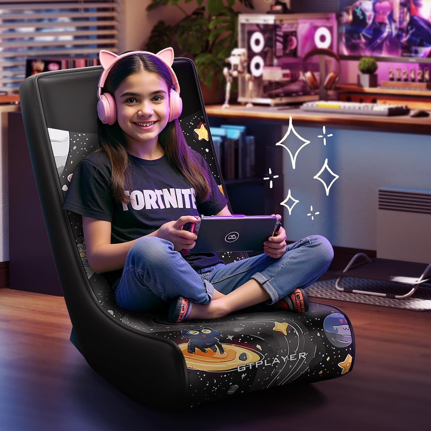 image:imageGTPLAYER Floor Rocking Gaming Chair Floor Rolling Game Chairs with Angle Limiter Gamer Rocker Floor Seat Compact amp Lightweight Black Galaxy Patterned02 Black Galaxy Patterned