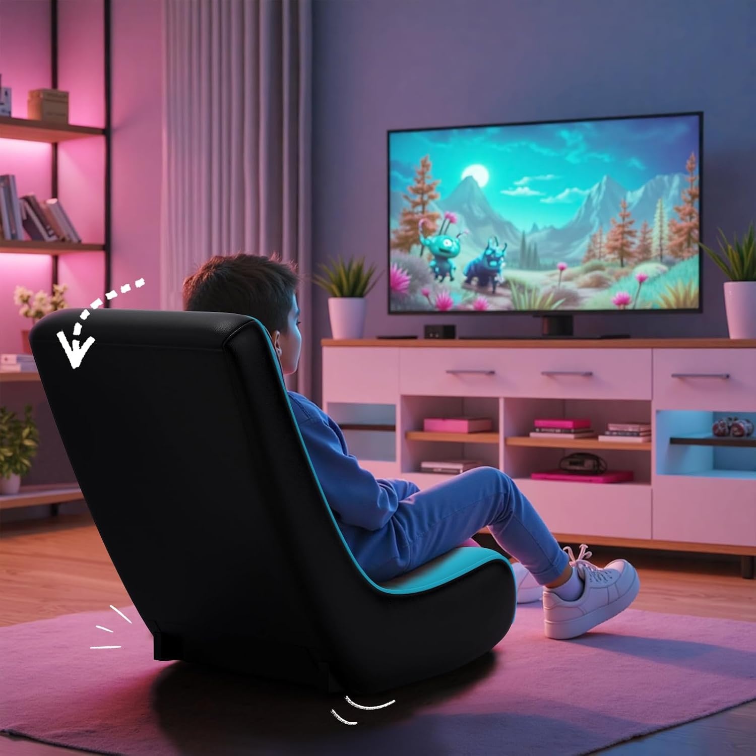 image:imageGTPLAYER Floor Rocking Gaming Chair Floor Rolling Game Chairs with Angle Limiter Gamer Rocker Floor Seat Compact amp Lightweight Black Galaxy Patterned01 Aqua