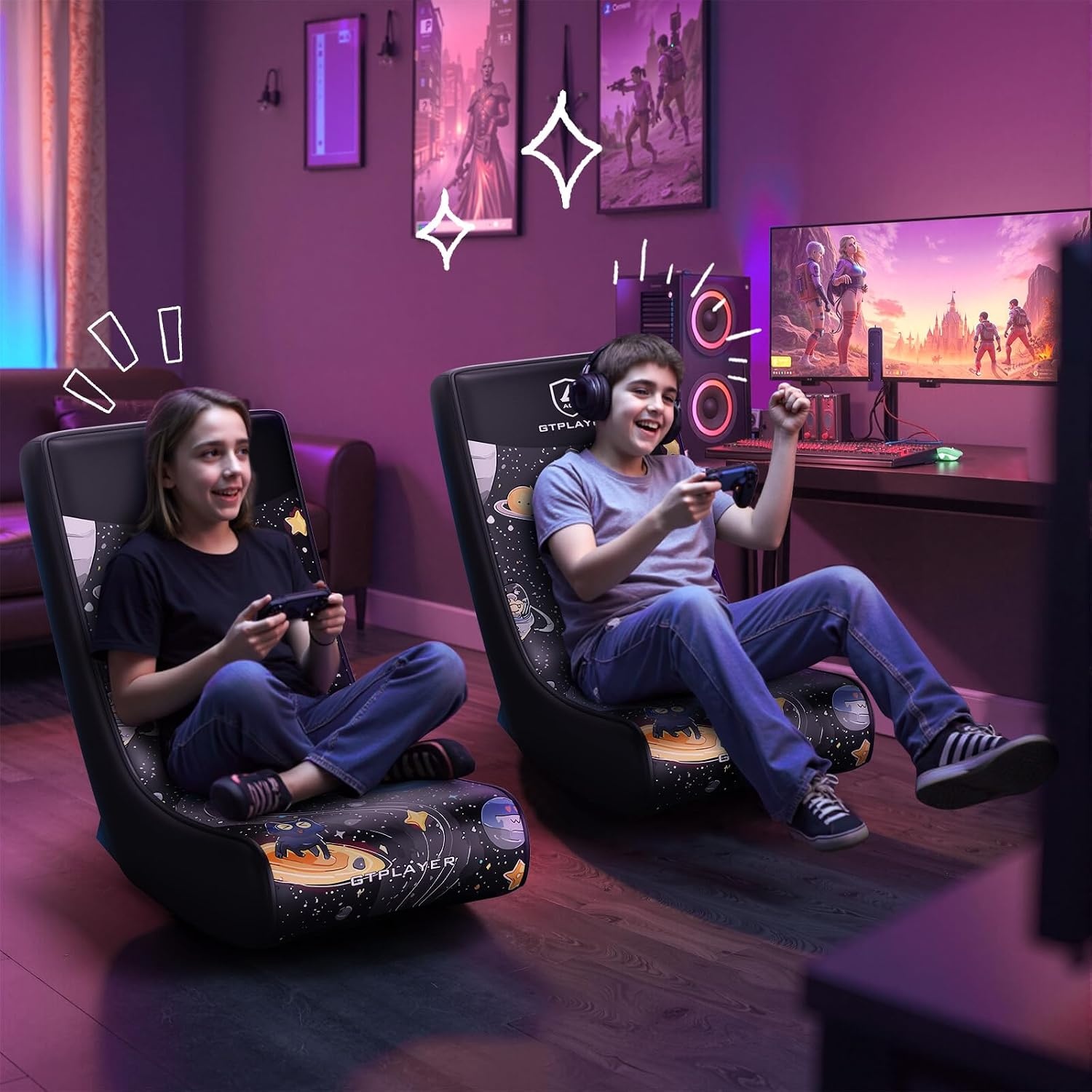 image:imageGTPLAYER Floor Rocking Gaming Chair Floor Rolling Game Chairs with Angle Limiter Gamer Rocker Floor Seat Compact amp Lightweight Black Galaxy Patterned02 Black Galaxy Patterned