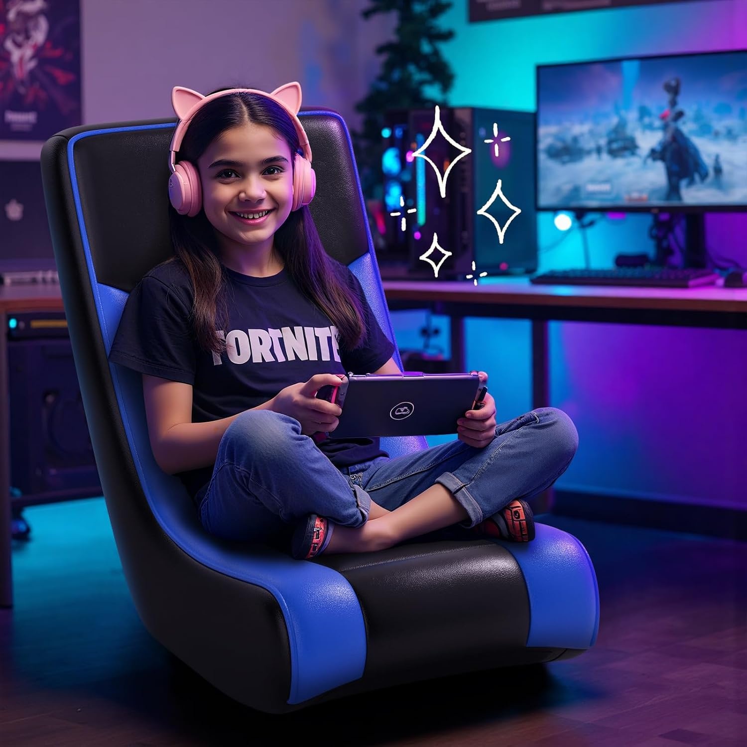 image:imageGTPLAYER Floor Rocking Gaming Chair Floor Rolling Game Chairs with Angle Limiter Gamer Rocker Floor Seat Compact amp Lightweight Black Galaxy Patterned01 Blue