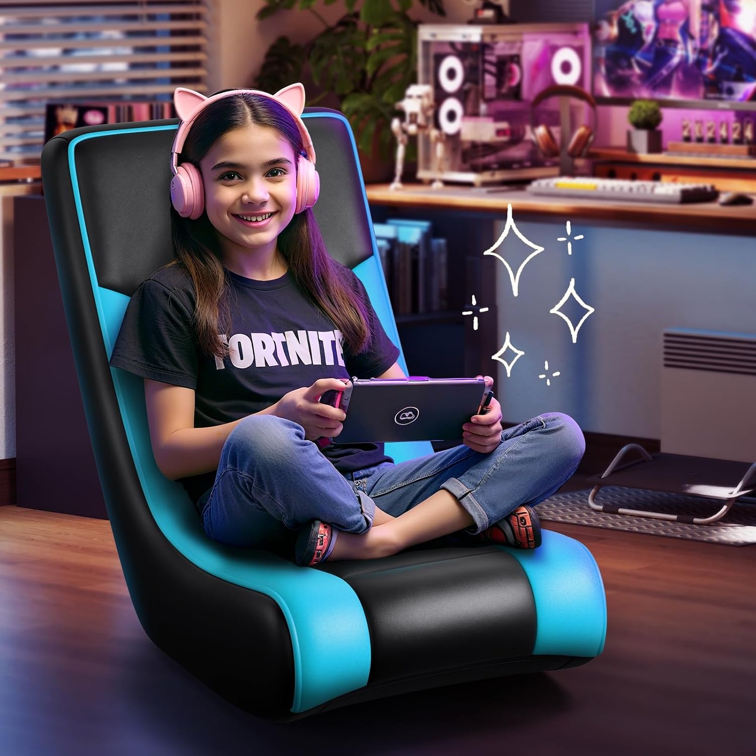 image:imageGTPLAYER Floor Rocking Gaming Chair Floor Rolling Game Chairs with Angle Limiter Gamer Rocker Floor Seat Compact amp Lightweight Black Galaxy Patterned01 Aqua