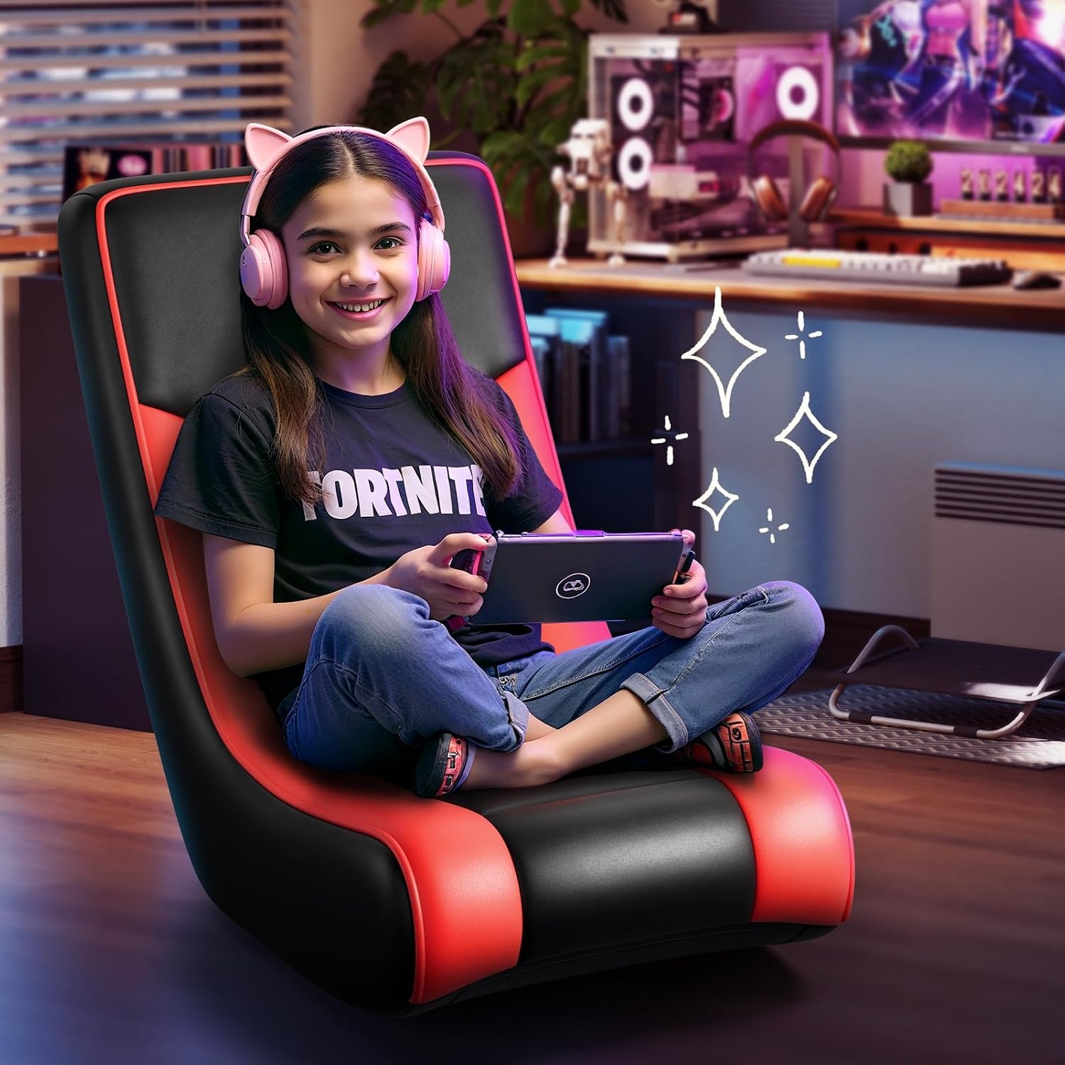 image:imageGTPLAYER Floor Rocking Gaming Chair Floor Rolling Game Chairs with Angle Limiter Gamer Rocker Floor Seat Compact amp Lightweight Black Galaxy Patterned01 Red