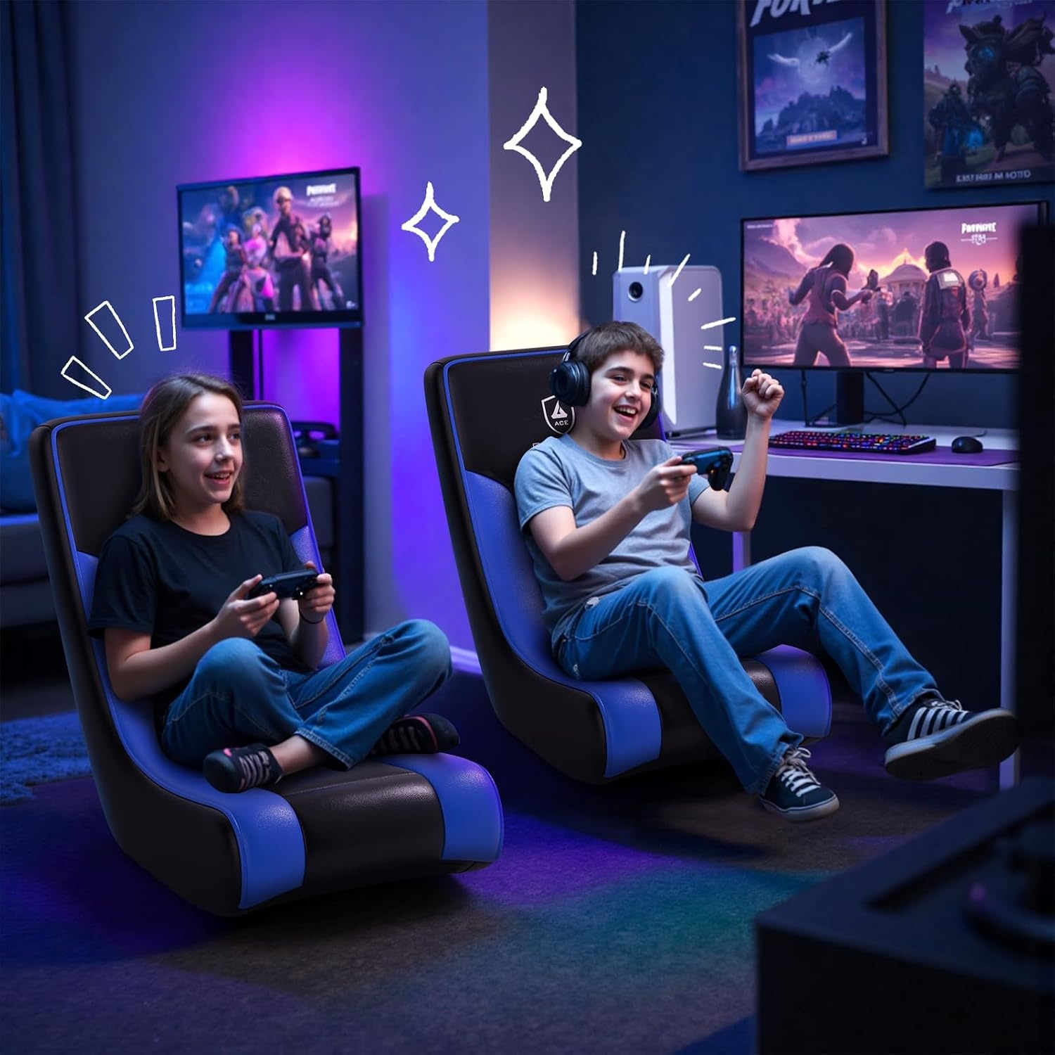 image:imageGTPLAYER Floor Rocking Gaming Chair Floor Rolling Game Chairs with Angle Limiter Gamer Rocker Floor Seat Compact amp Lightweight Black Galaxy Patterned01 Blue