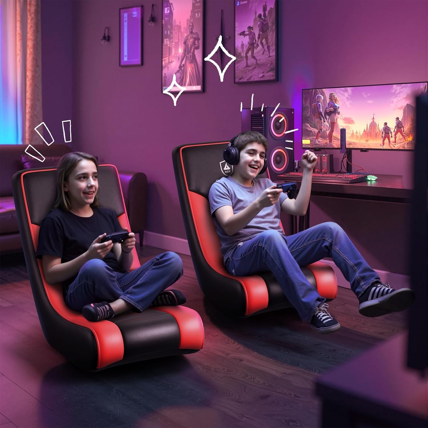 image:imageGTPLAYER Floor Rocking Gaming Chair Floor Rolling Game Chairs with Angle Limiter Gamer Rocker Floor Seat Compact amp Lightweight Black Galaxy Patterned01 Red