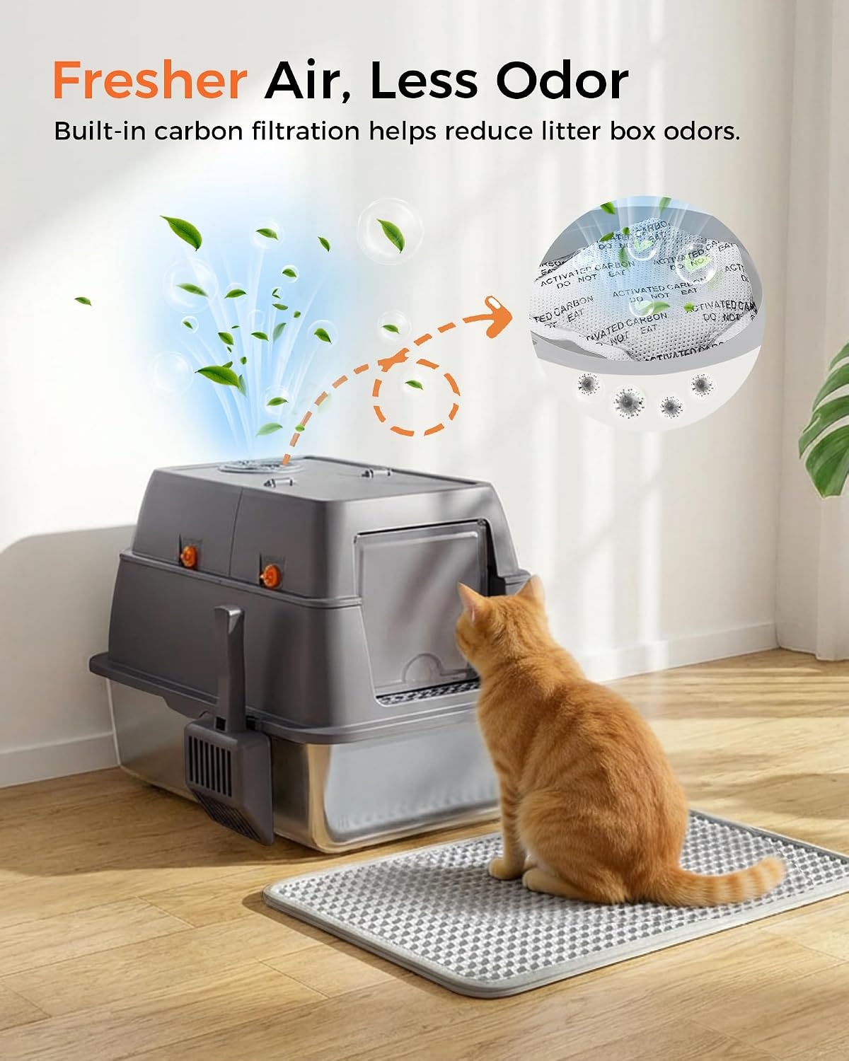 image:imageGTPLAYER XXL Stainless Steel Cat Litter Box with Lid High Sided Enclosed Cat Litter Box Activated Carbon Odor Control Extra Large Metal Litter Box AntiLeak with Mat Scoop amp Stickers GreyGrey Pinky Paws