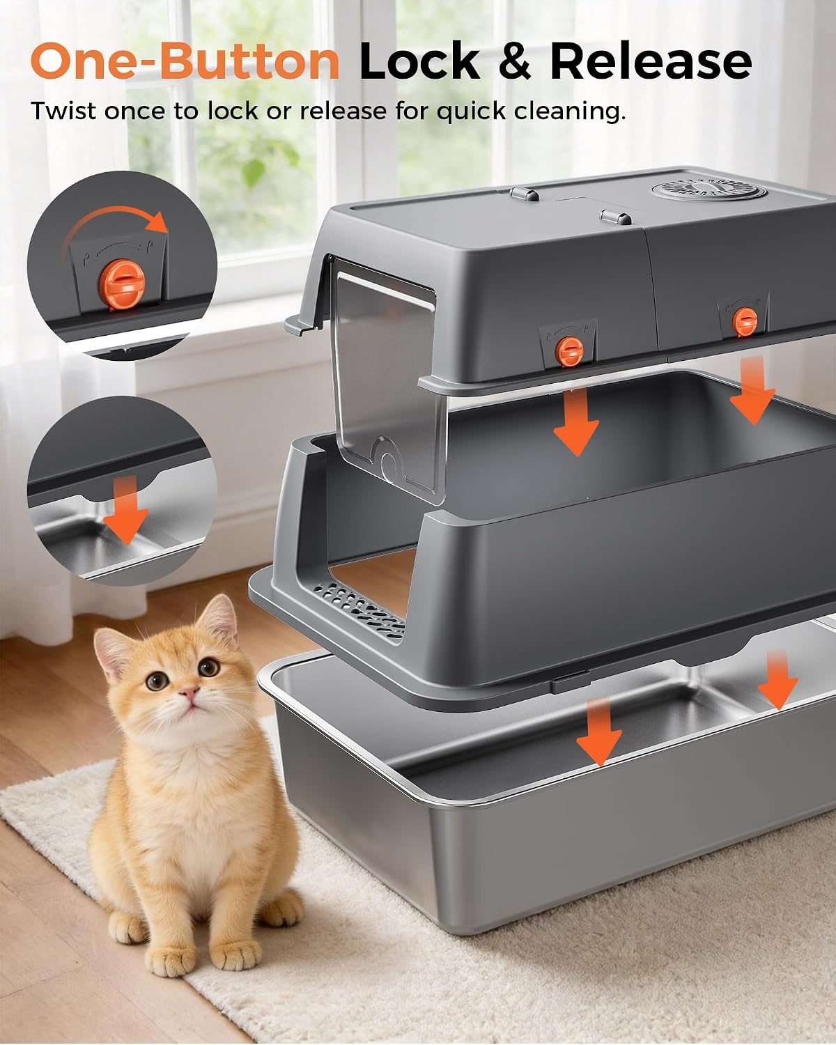 image:imageGTPLAYER XXL Stainless Steel Cat Litter Box with Lid High Sided Enclosed Cat Litter Box Activated Carbon Odor Control Extra Large Metal Litter Box AntiLeak with Mat Scoop amp Stickers GreyGrey Pinky Paws