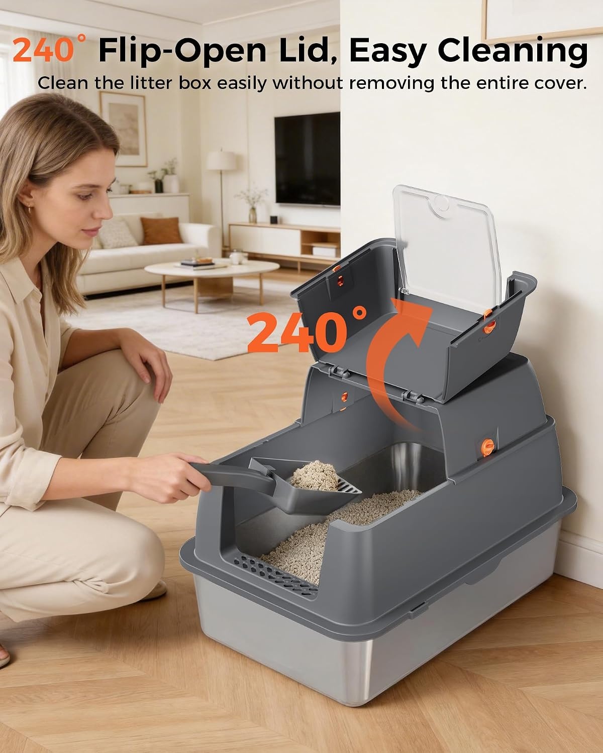 image:imageGTPLAYER XXL Stainless Steel Cat Litter Box with Lid High Sided Enclosed Cat Litter Box Activated Carbon Odor Control Extra Large Metal Litter Box AntiLeak with Mat Scoop amp Stickers GreyGrey Pinky Paws