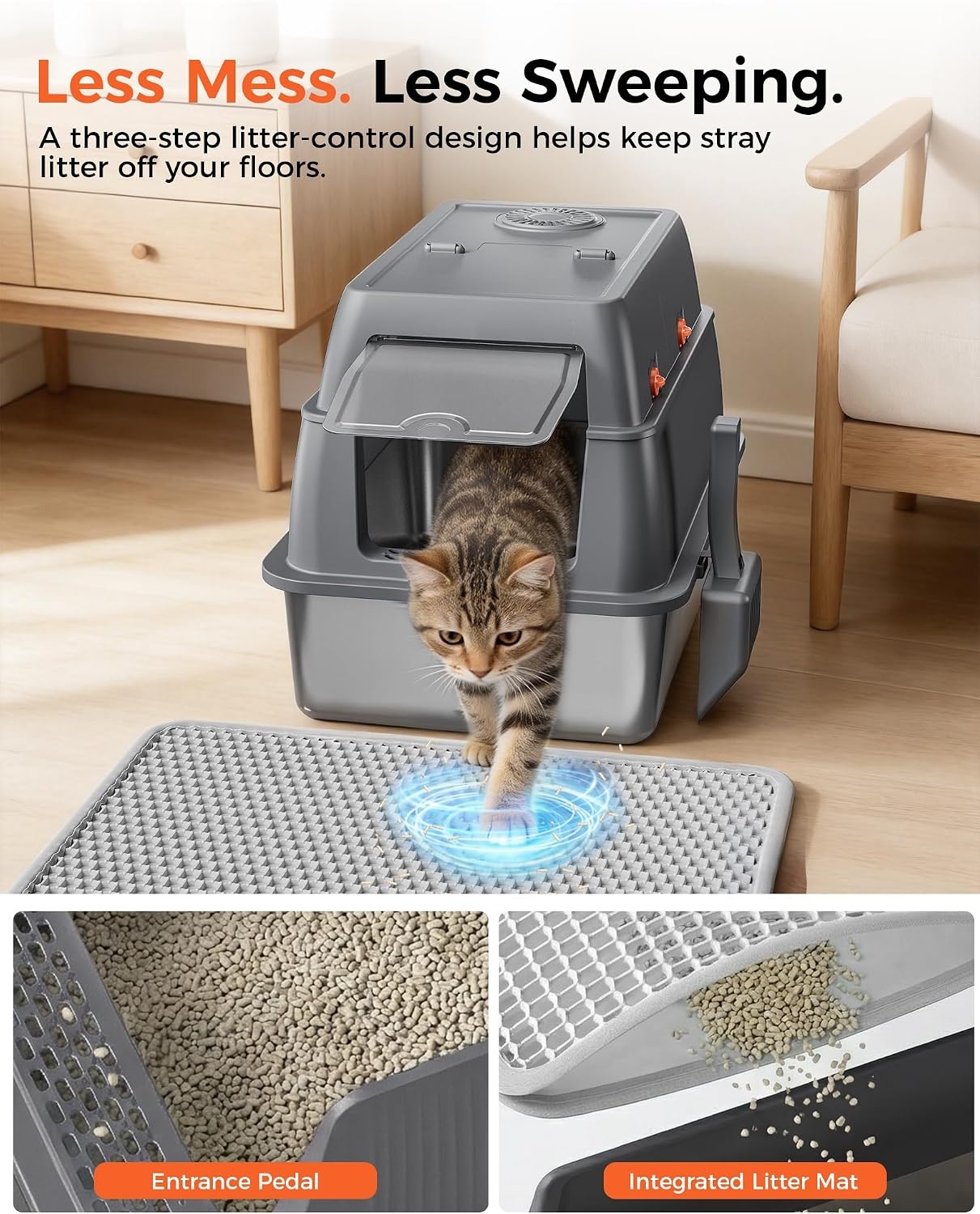 image:imageGTPLAYER XXL Stainless Steel Cat Litter Box with Lid High Sided Enclosed Cat Litter Box Activated Carbon Odor Control Extra Large Metal Litter Box AntiLeak with Mat Scoop amp Stickers GreyGrey Pinky Paws