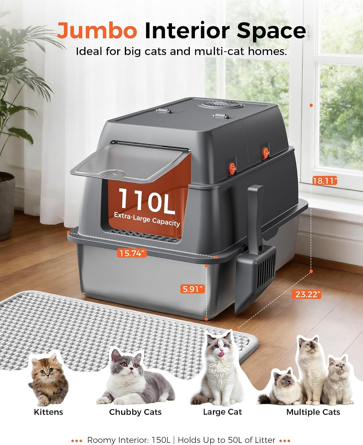 image:imageGTPLAYER XXL Stainless Steel Cat Litter Box with Lid High Sided Enclosed Cat Litter Box Activated Carbon Odor Control Extra Large Metal Litter Box AntiLeak with Mat Scoop amp Stickers GreyGrey Pinky Paws