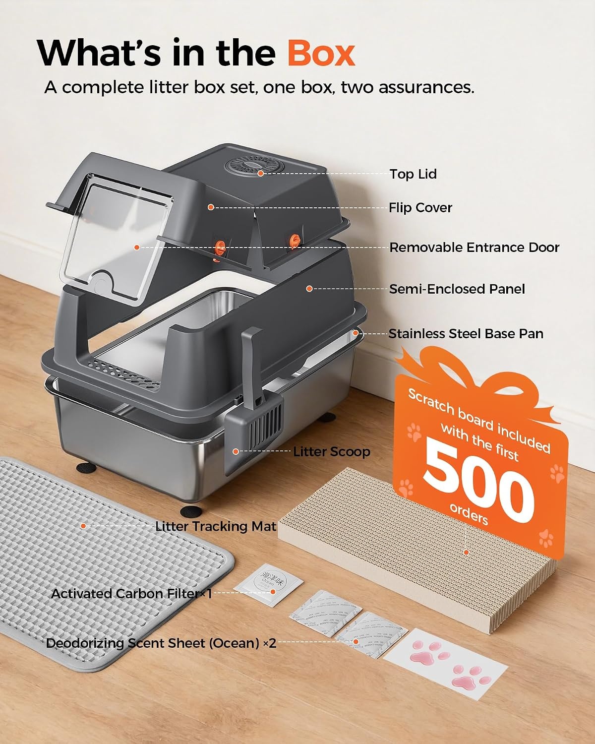 image:imageGTPLAYER XXL Stainless Steel Cat Litter Box with Lid High Sided Enclosed Cat Litter Box Activated Carbon Odor Control Extra Large Metal Litter Box AntiLeak with Mat Scoop amp Stickers GreyGrey Pinky Paws
