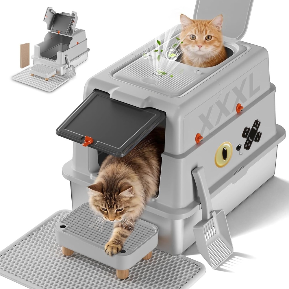 image:imageXXXL Stainless Steel Cat Litter Box with Lid 275201173 Jumbo Enclosed LitterboxDualEntry Front Entry amp Top ExitHighSidedNonStickOdor Controlfor Big Cats with MatScoop amp StepGrey02 Cheeky Kitty Stickers
