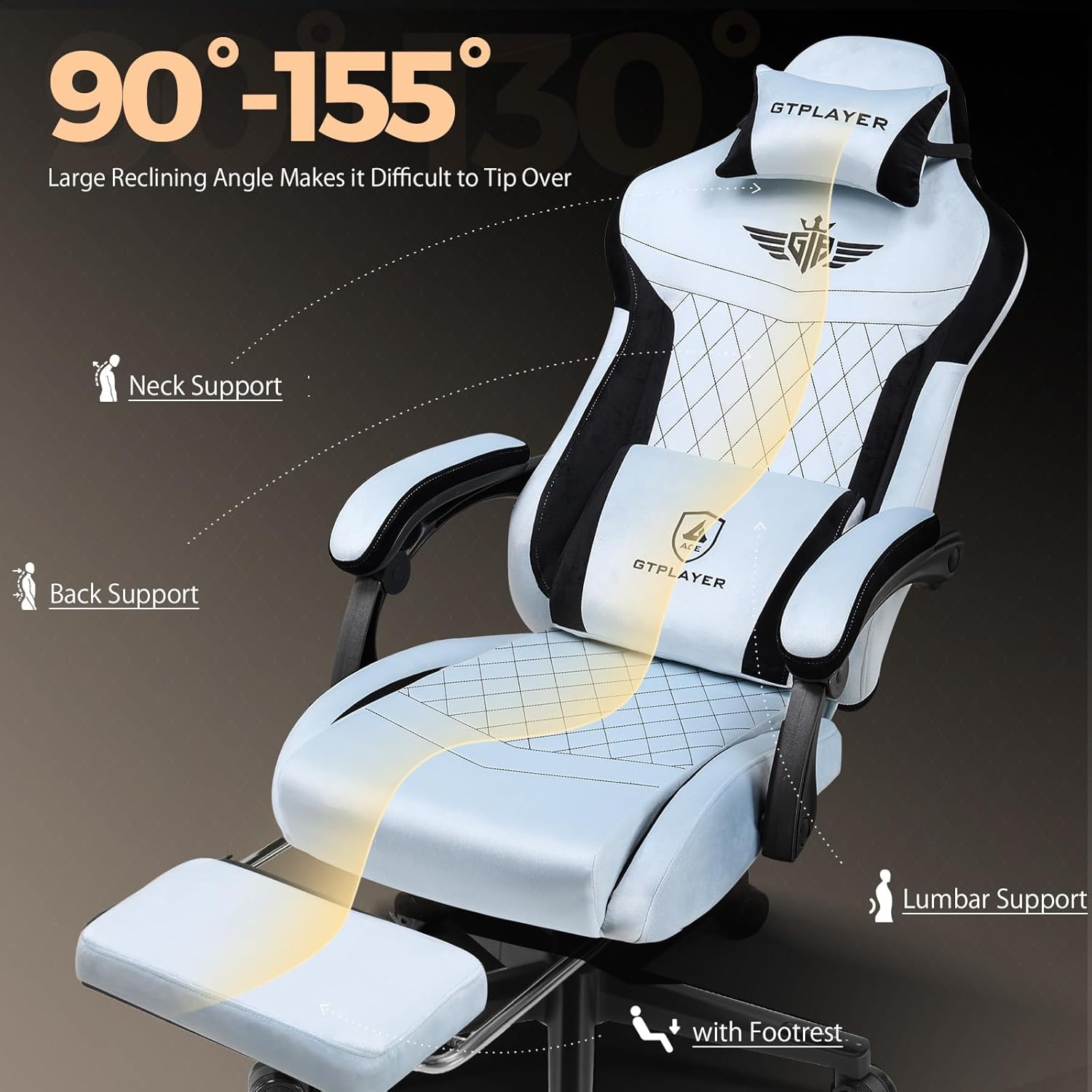 image:imageGTPLAYER Gaming Chair with Footrest Big and Tall Game Chair High Back Computer Office Chair with Lumbar Support for Adults Ergonomic Swivel Games Chair with Cushion Gaming Fabric PinkLight Blue