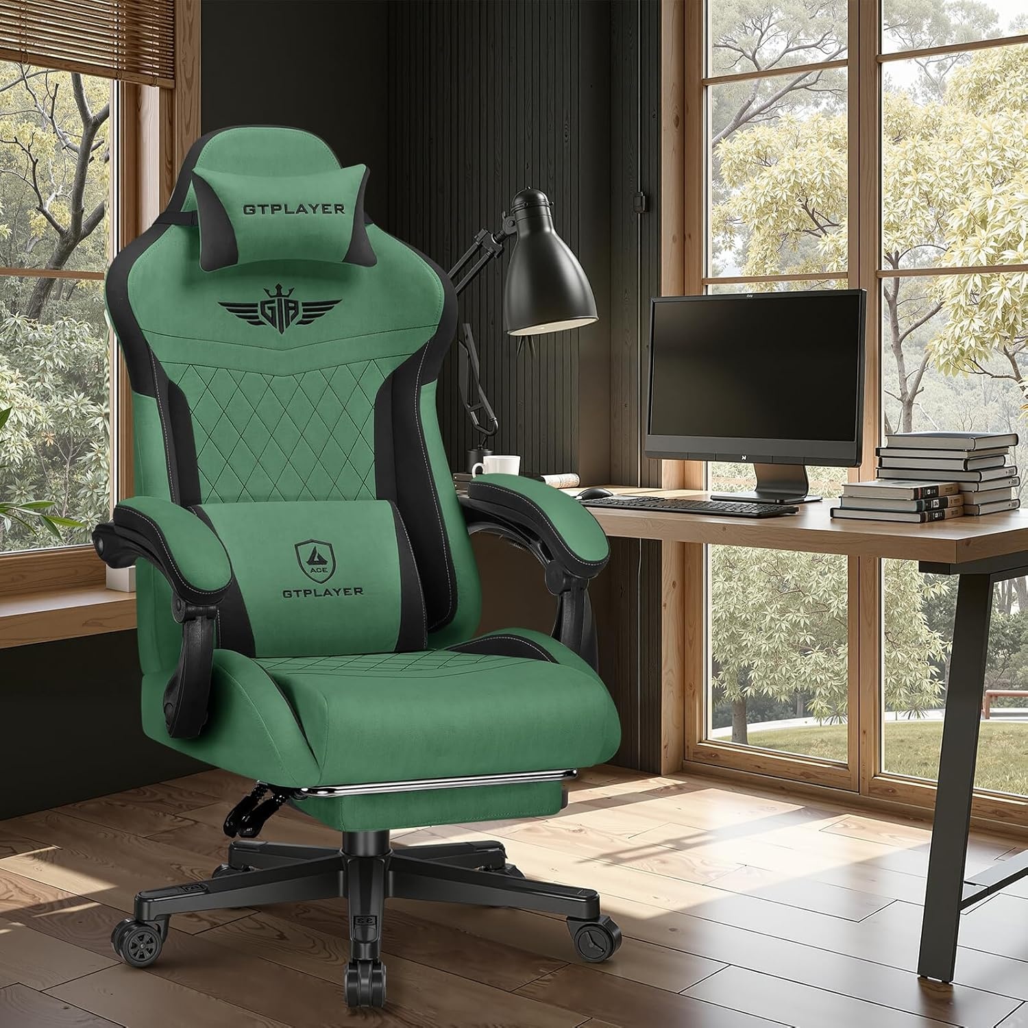 image:imageGTPLAYER Gaming Chair with Footrest Big and Tall Game Chair High Back Computer Office Chair with Lumbar Support for Adults Ergonomic Swivel Games Chair with Cushion Gaming Fabric PinkGreen
