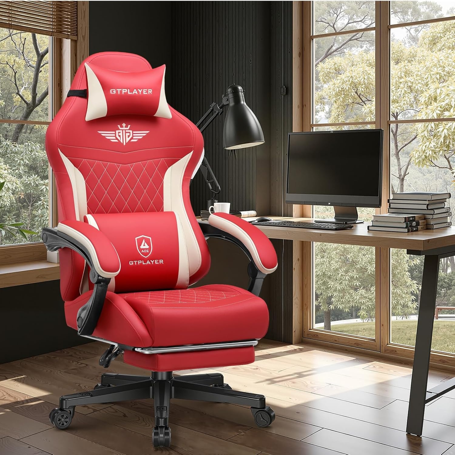 image:imageGTPLAYER Gaming Chair with Footrest Big and Tall Game Chair High Back Computer Office Chair with Lumbar Support for Adults Ergonomic Swivel Games Chair with Cushion Gaming Fabric PinkRed