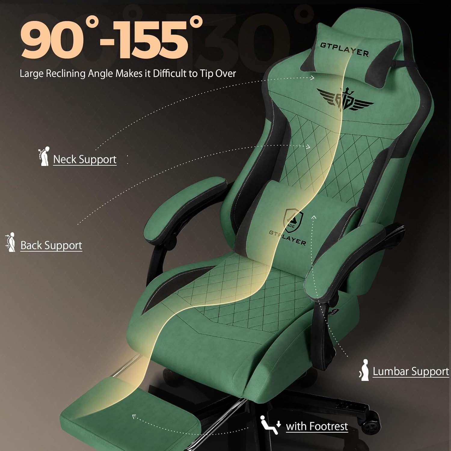 image:imageGTPLAYER Gaming Chair with Footrest Big and Tall Game Chair High Back Computer Office Chair with Lumbar Support for Adults Ergonomic Swivel Games Chair with Cushion Gaming Fabric PinkGreen