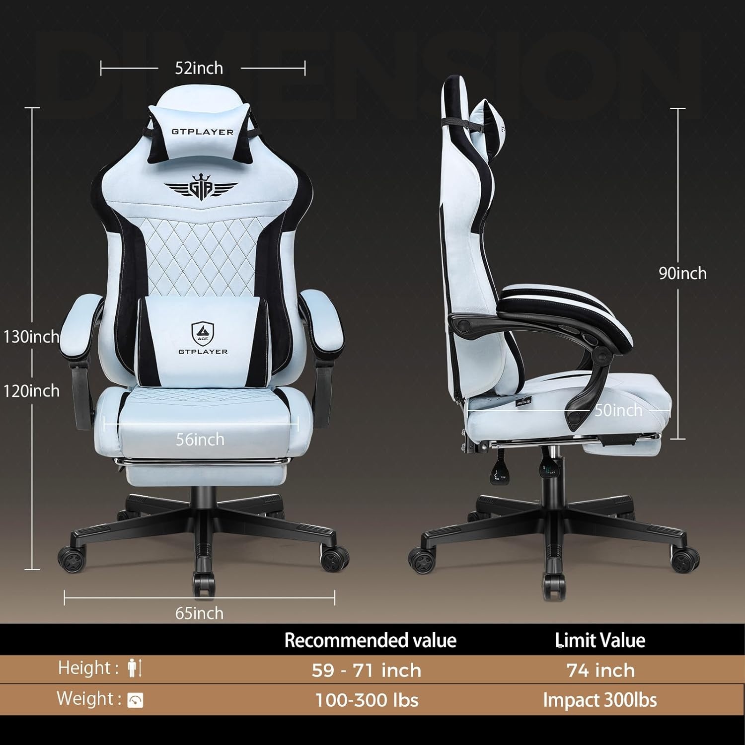 image:imageGTPLAYER Gaming Chair with Footrest Big and Tall Game Chair High Back Computer Office Chair with Lumbar Support for Adults Ergonomic Swivel Games Chair with Cushion Gaming Fabric PinkLight Blue