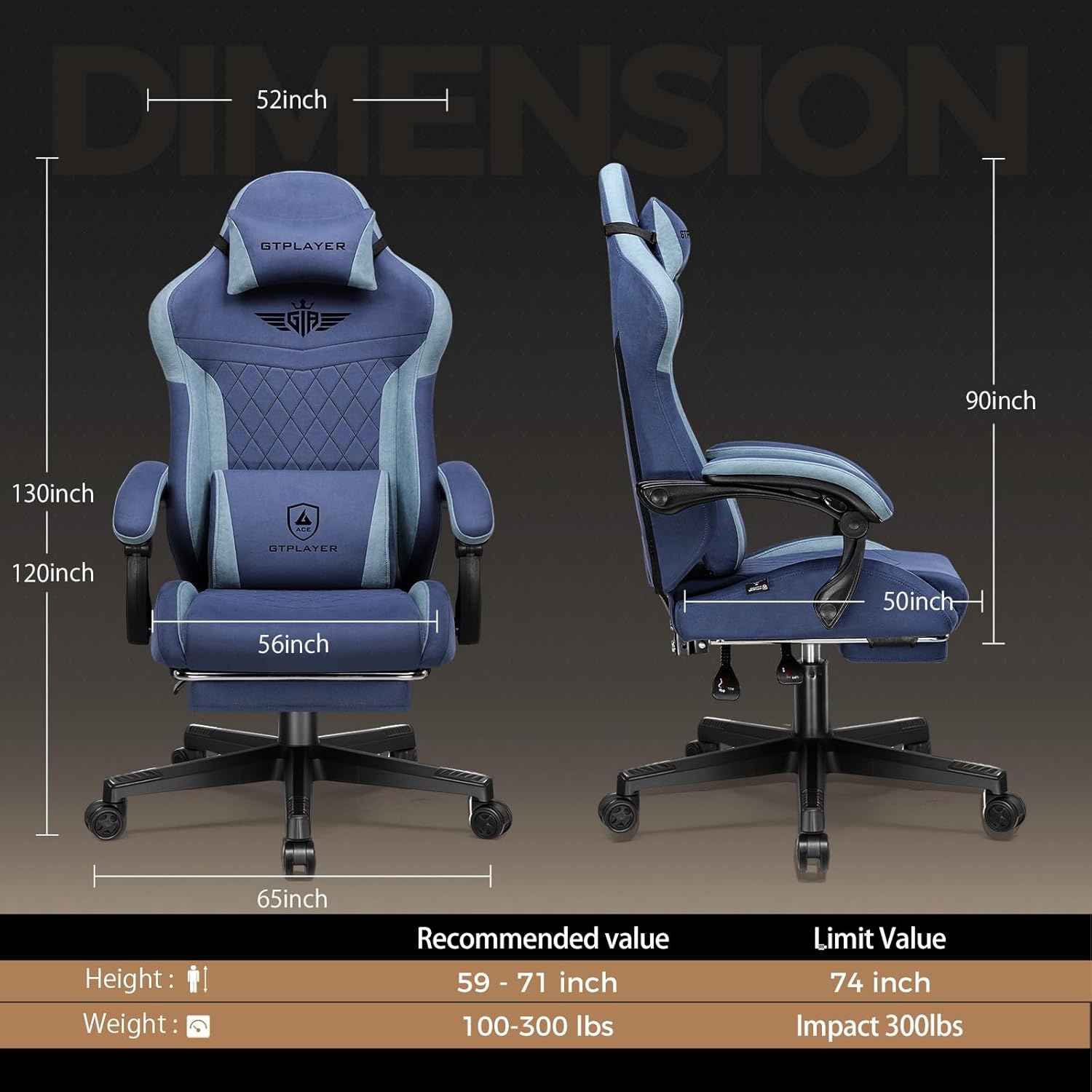 image:imageGTPLAYER Gaming Chair with Footrest Big and Tall Game Chair High Back Computer Office Chair with Lumbar Support for Adults Ergonomic Swivel Games Chair with Cushion Gaming Fabric PinkBlue