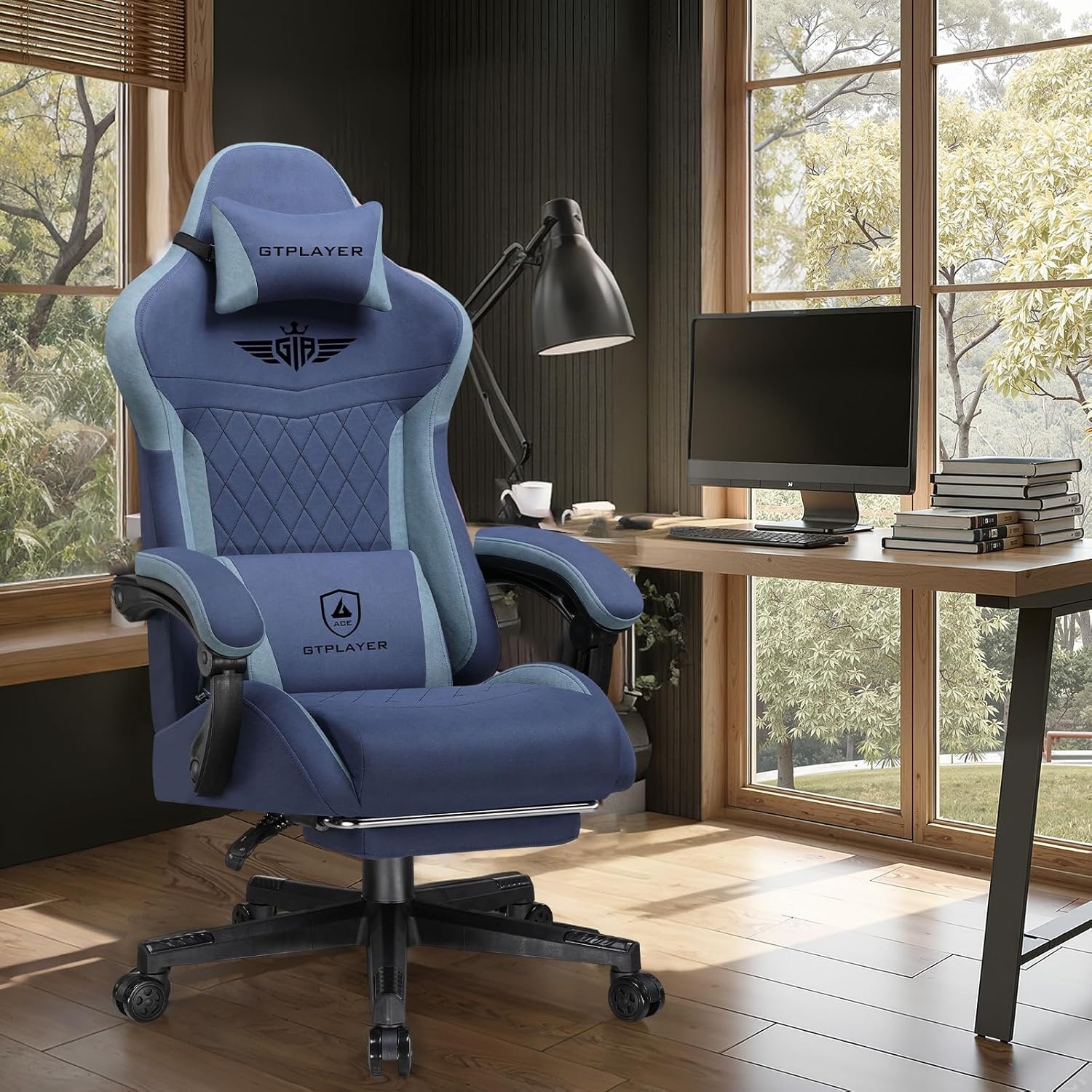 image:imageGTPLAYER Gaming Chair with Footrest Big and Tall Game Chair High Back Computer Office Chair with Lumbar Support for Adults Ergonomic Swivel Games Chair with Cushion Gaming Fabric PinkBlue