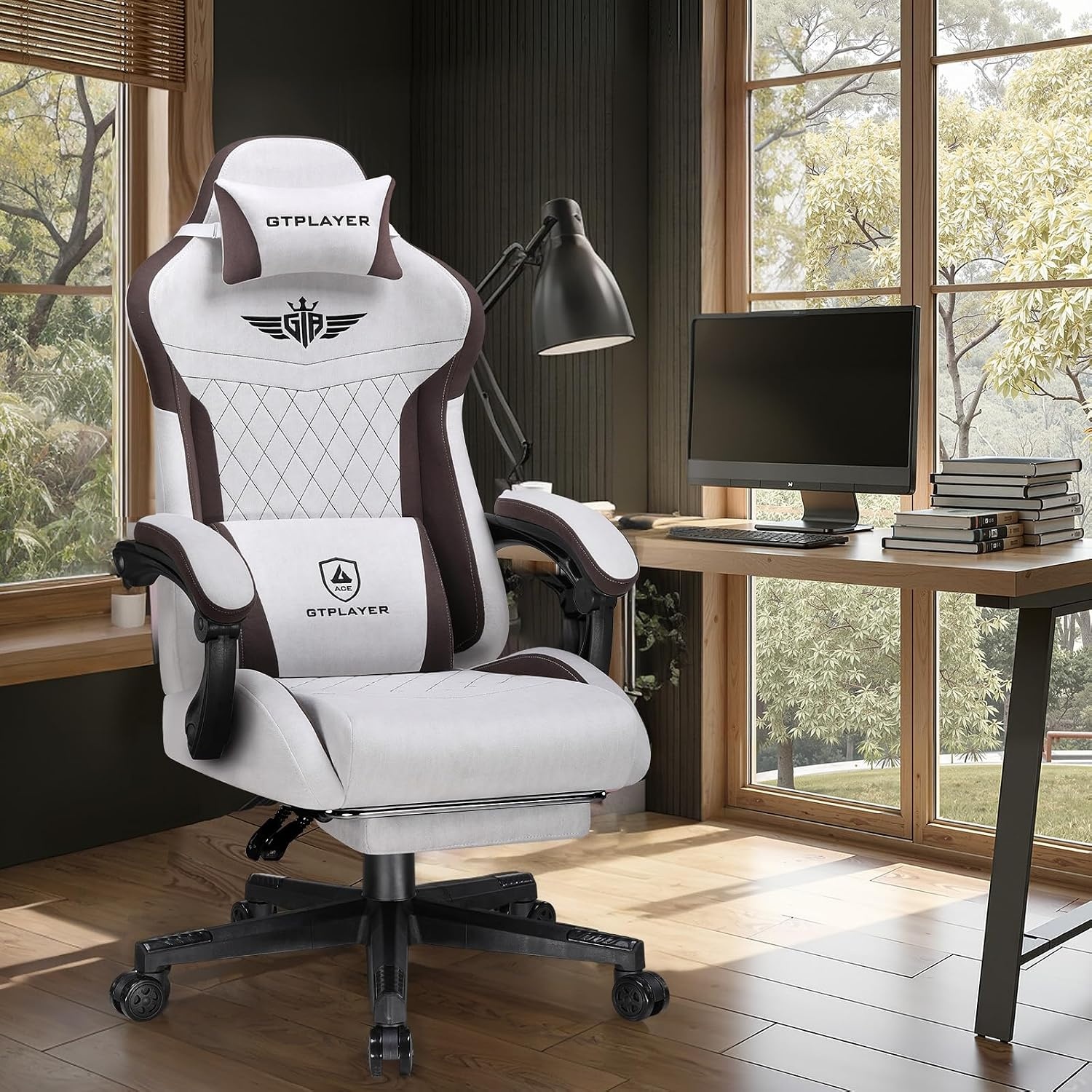 image:imageGTPLAYER Gaming Chair with Footrest Big and Tall Game Chair High Back Computer Office Chair with Lumbar Support for Adults Ergonomic Swivel Games Chair with Cushion Gaming Fabric PinkBrown