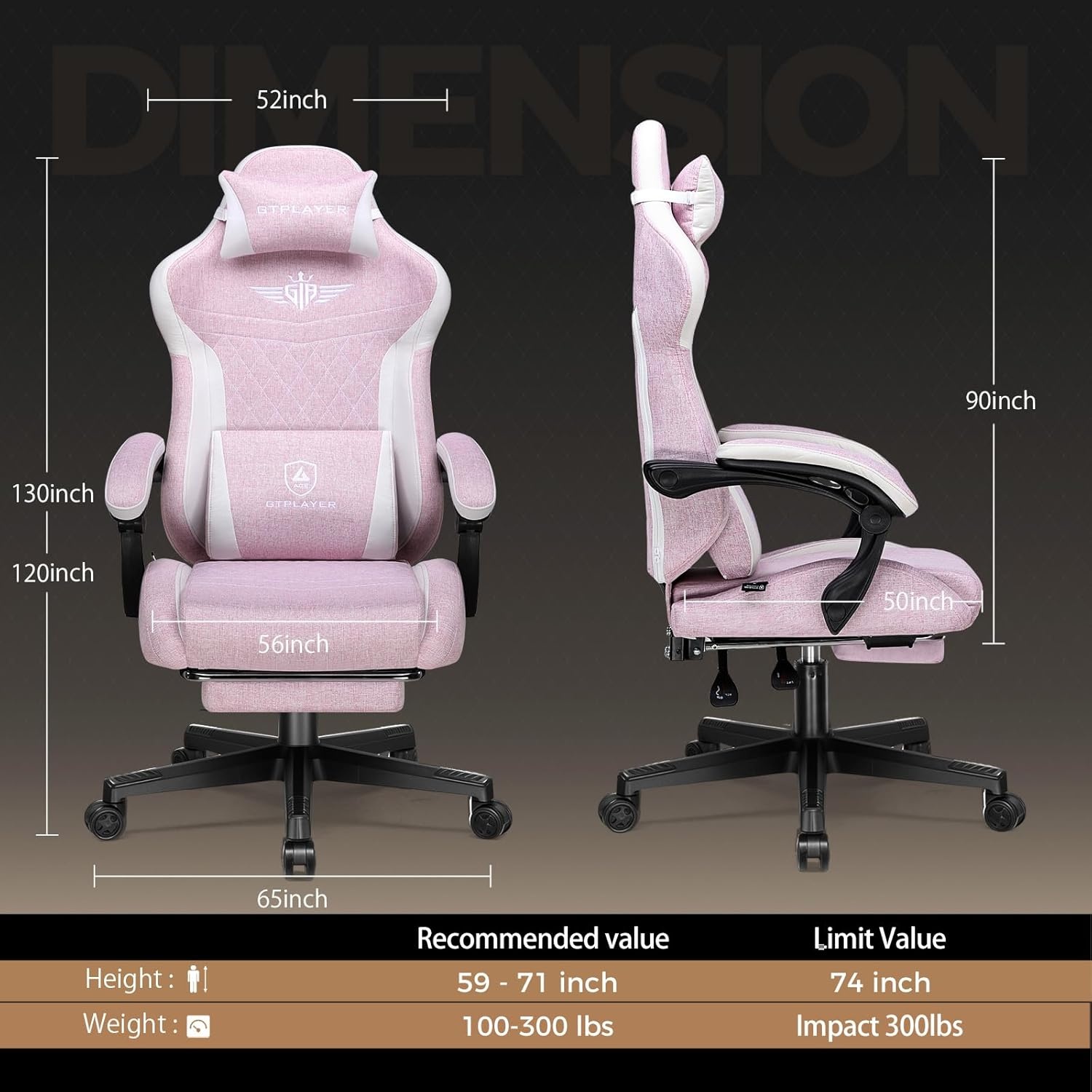 image:imageGTPLAYER Gaming Chair with Footrest Big and Tall Game Chair High Back Computer Office Chair with Lumbar Support for Adults Ergonomic Swivel Games Chair with Cushion Gaming Fabric PinkPink