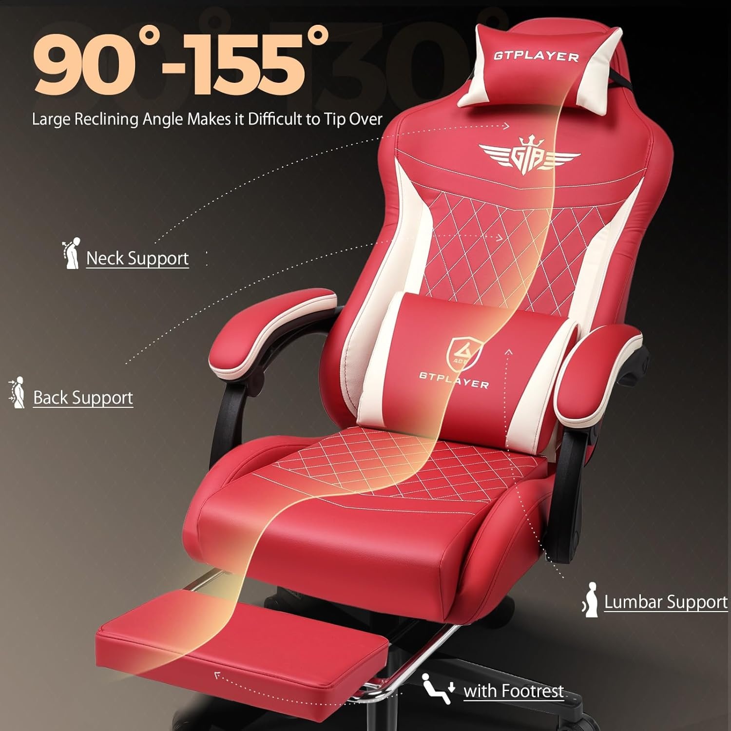image:imageGTPLAYER Gaming Chair with Footrest Big and Tall Game Chair High Back Computer Office Chair with Lumbar Support for Adults Ergonomic Swivel Games Chair with Cushion Gaming Fabric PinkRed
