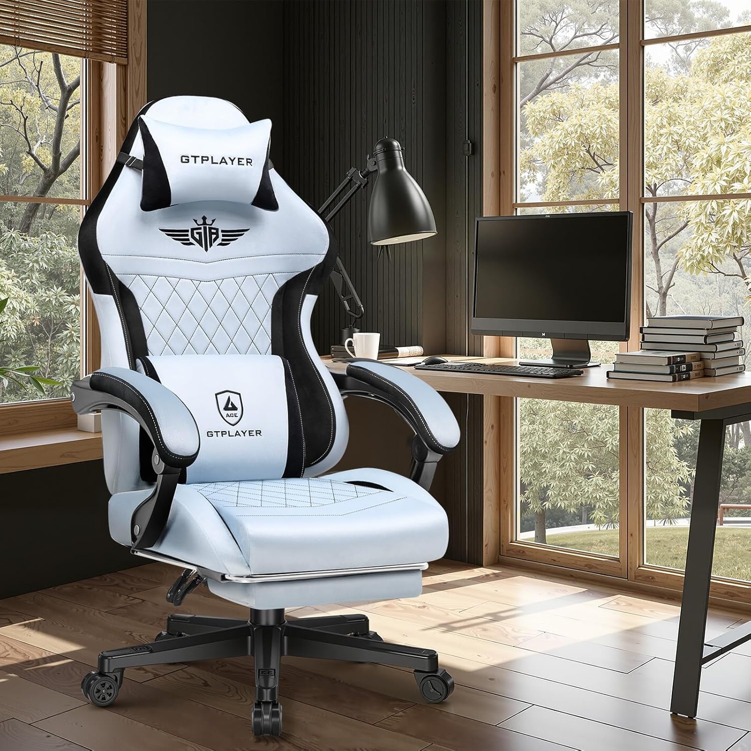 image:imageGTPLAYER Gaming Chair with Footrest Big and Tall Game Chair High Back Computer Office Chair with Lumbar Support for Adults Ergonomic Swivel Games Chair with Cushion Gaming Fabric PinkLight Blue
