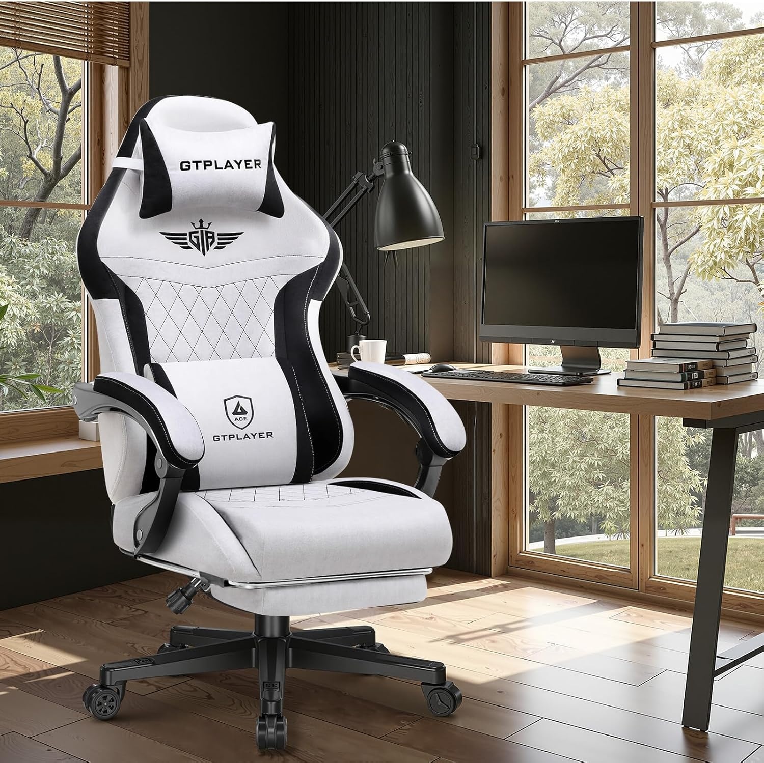 image:imageGTPLAYER Gaming Chair with Footrest Big and Tall Game Chair High Back Computer Office Chair with Lumbar Support for Adults Ergonomic Swivel Games Chair with Cushion Gaming Fabric PinkGrey