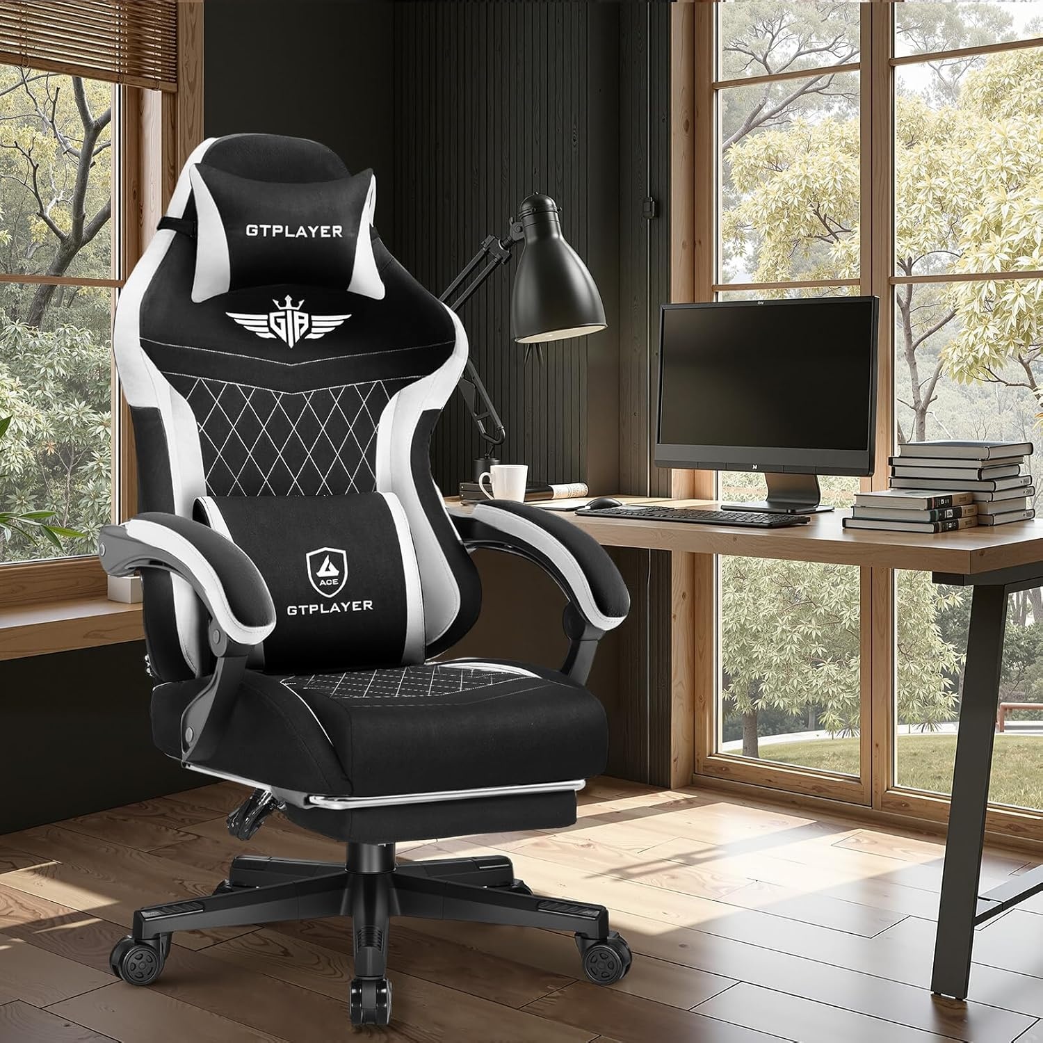 image:imageGTPLAYER Gaming Chair with Footrest Big and Tall Game Chair High Back Computer Office Chair with Lumbar Support for Adults Ergonomic Swivel Games Chair with Cushion Gaming Fabric PinkBlack
