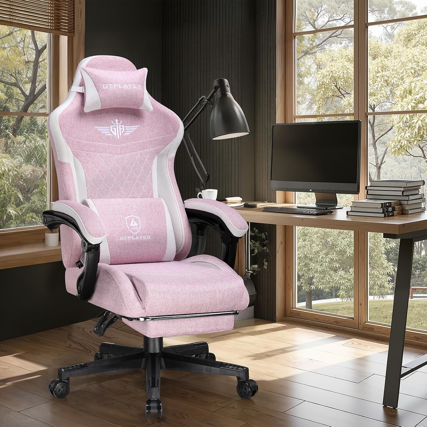 image:imageGTPLAYER Gaming Chair with Footrest Big and Tall Game Chair High Back Computer Office Chair with Lumbar Support for Adults Ergonomic Swivel Games Chair with Cushion Gaming Fabric PinkPink