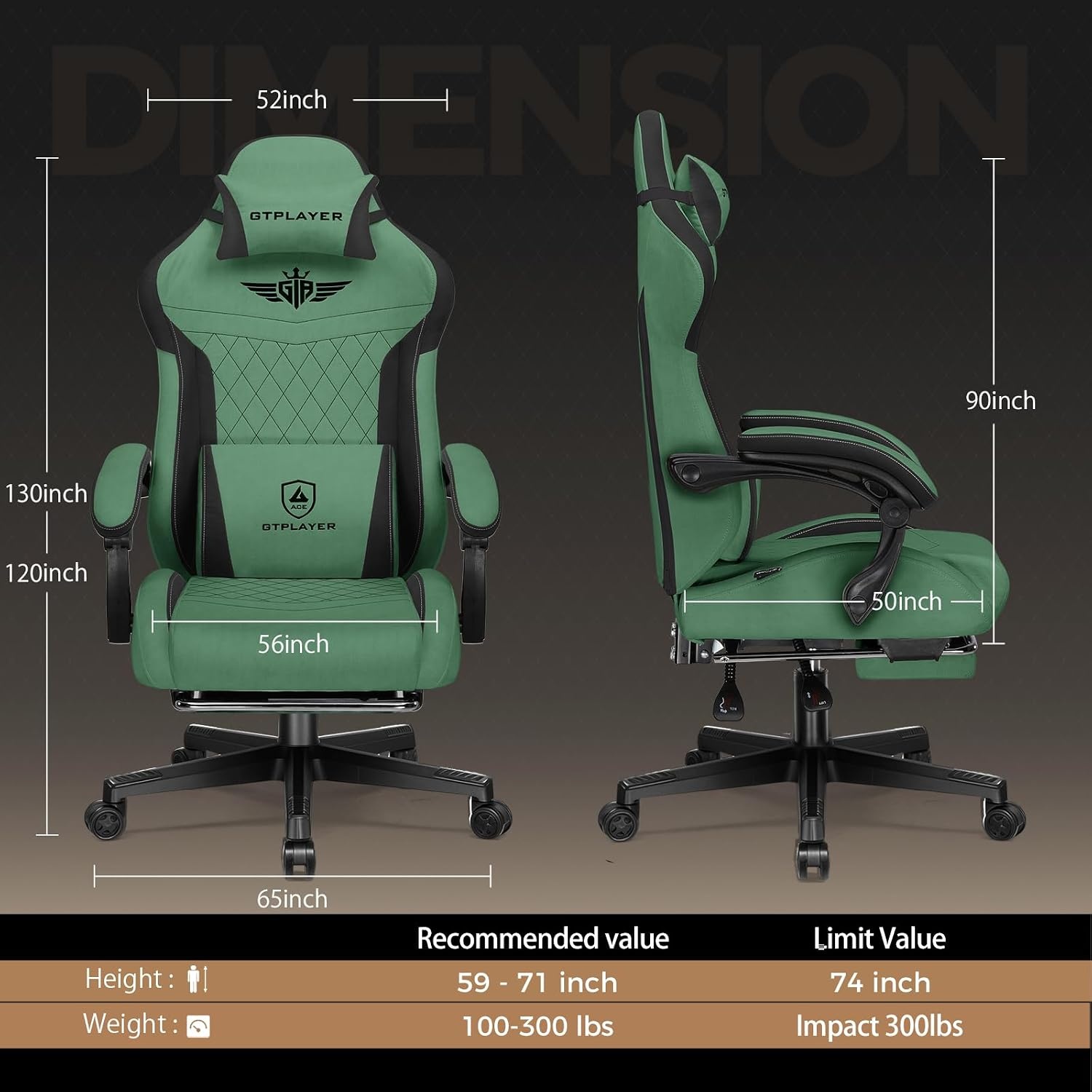 image:imageGTPLAYER Gaming Chair with Footrest Big and Tall Game Chair High Back Computer Office Chair with Lumbar Support for Adults Ergonomic Swivel Games Chair with Cushion Gaming Fabric PinkGreen