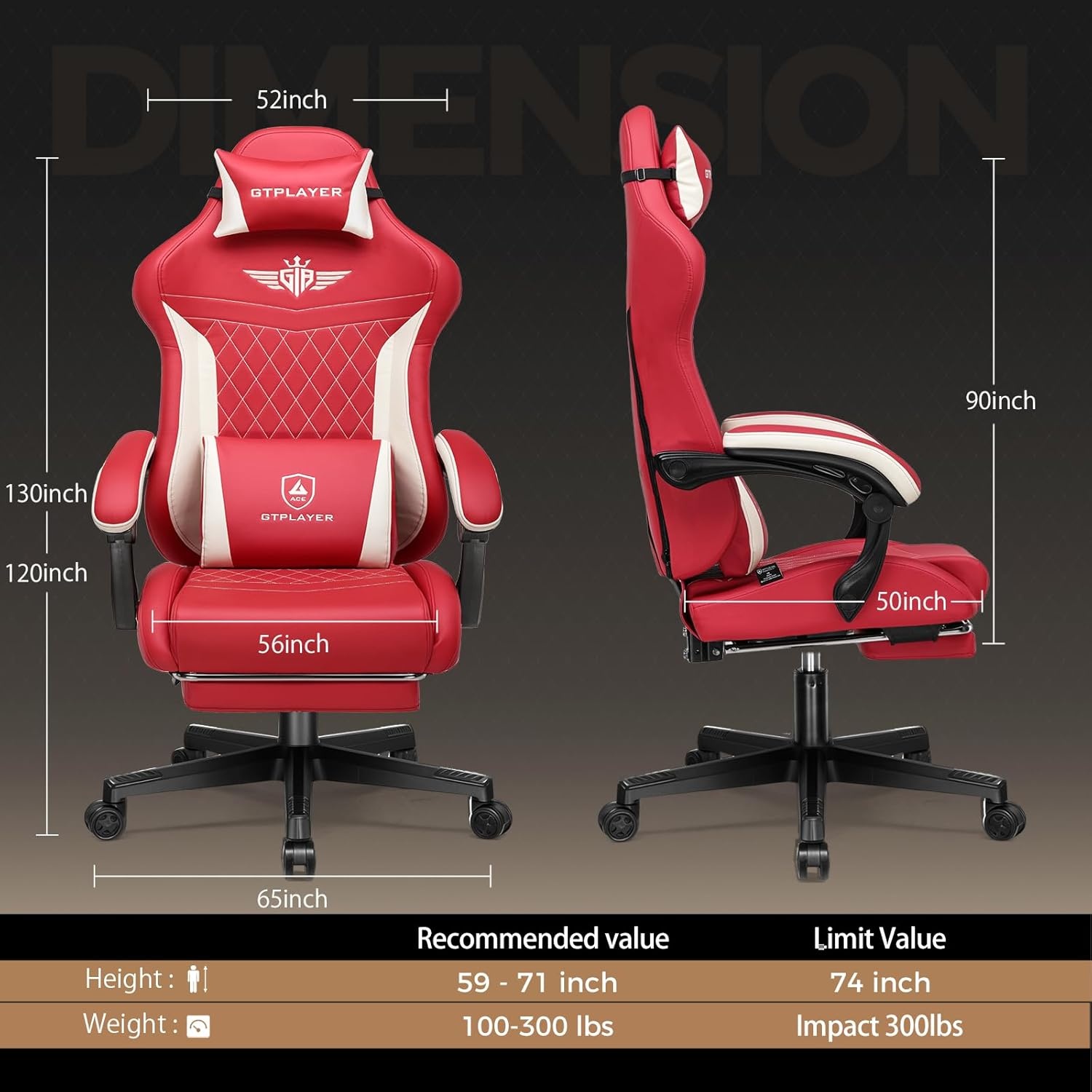 image:imageGTPLAYER Gaming Chair with Footrest Big and Tall Game Chair High Back Computer Office Chair with Lumbar Support for Adults Ergonomic Swivel Games Chair with Cushion Gaming Fabric PinkRed