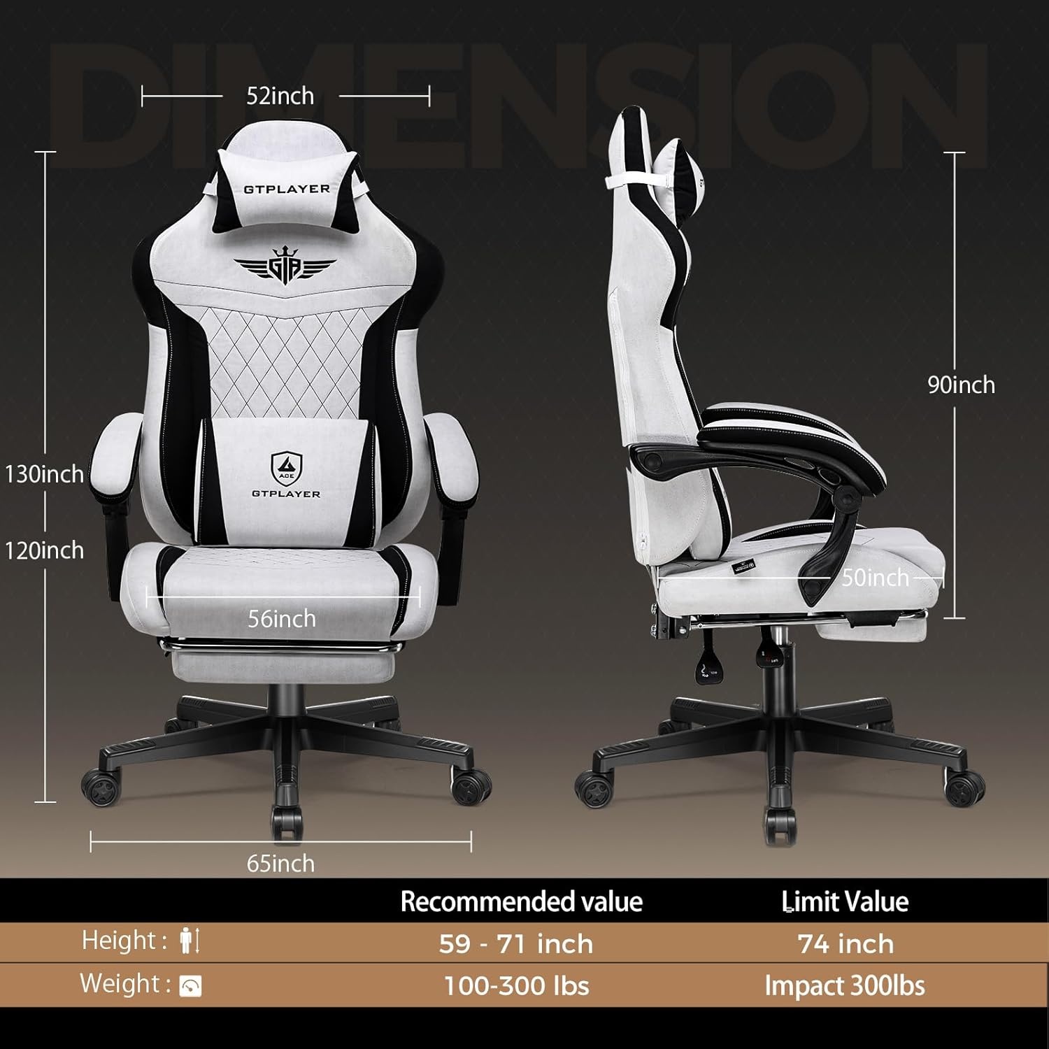 image:imageGTPLAYER Gaming Chair with Footrest Big and Tall Game Chair High Back Computer Office Chair with Lumbar Support for Adults Ergonomic Swivel Games Chair with Cushion Gaming Fabric PinkGrey