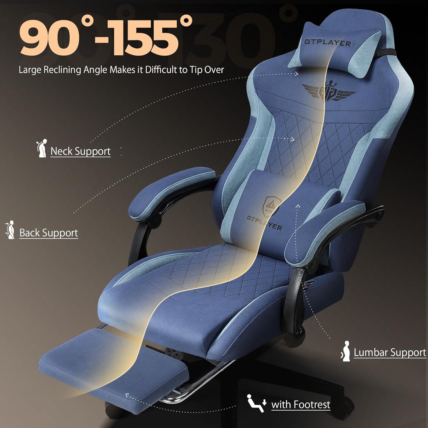 image:imageGTPLAYER Gaming Chair with Footrest Big and Tall Game Chair High Back Computer Office Chair with Lumbar Support for Adults Ergonomic Swivel Games Chair with Cushion Gaming Fabric PinkBlue