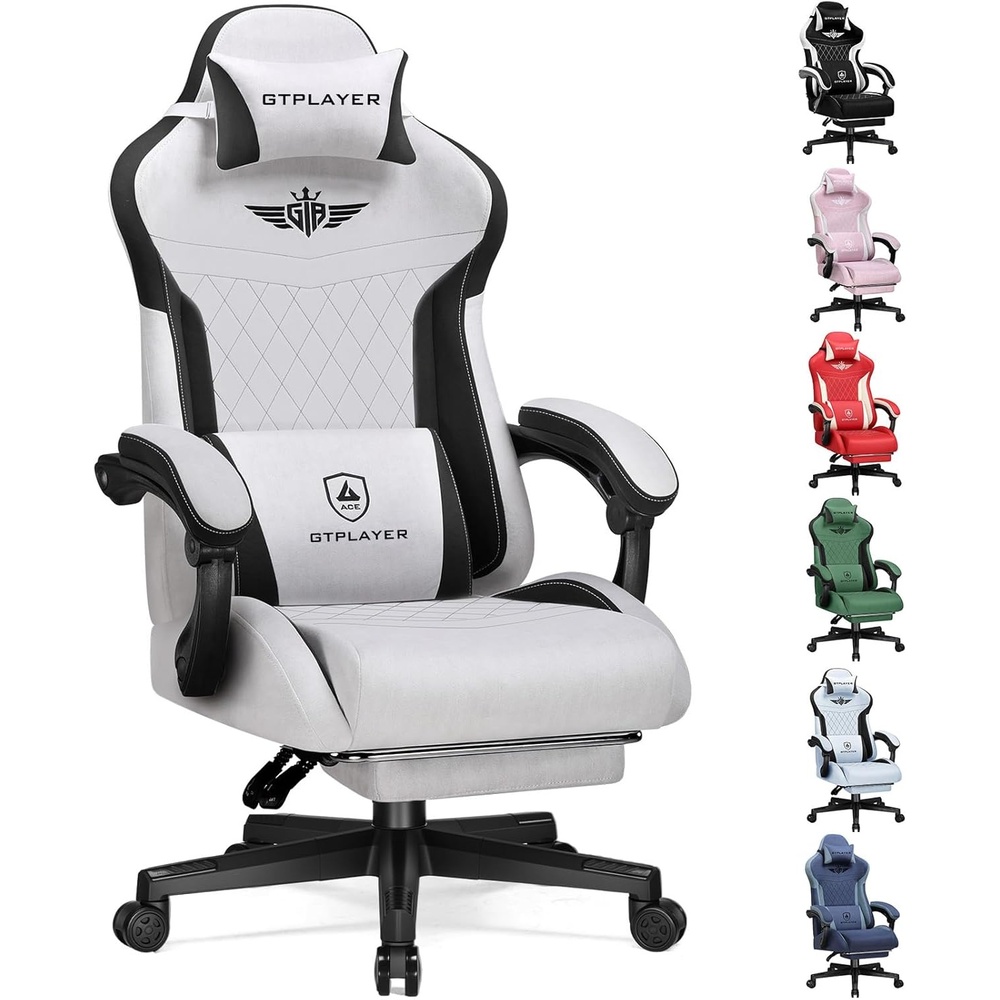 image:imageGTPLAYER Gaming Chair with Footrest Big and Tall Game Chair High Back Computer Office Chair with Lumbar Support for Adults Ergonomic Swivel Games Chair with Cushion Gaming Fabric PinkGrey