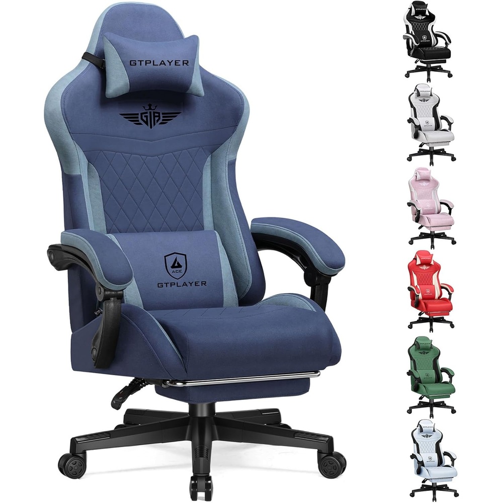 image:imageGTPLAYER Gaming Chair with Footrest Big and Tall Game Chair High Back Computer Office Chair with Lumbar Support for Adults Ergonomic Swivel Games Chair with Cushion Gaming Fabric PinkBlue