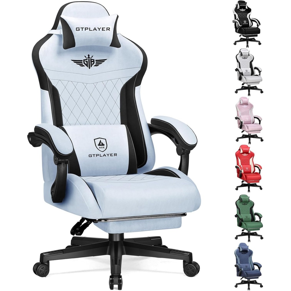 image:imageGTPLAYER Gaming Chair with Footrest Big and Tall Game Chair High Back Computer Office Chair with Lumbar Support for Adults Ergonomic Swivel Games Chair with Cushion Gaming Fabric PinkLight Blue